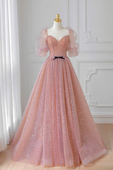 Pink Tulle Floor Length Prom Dresses, Lovely Short Sleeve Graduation Party Dresses