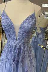 Periwinkle Floral Lace Plunge V A-Line Prom Dresses with Slit