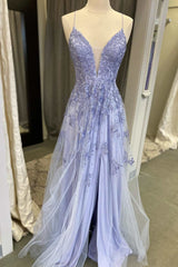 Periwinkle Floral Lace Plunge V A-Line Prom Dresses with Slit