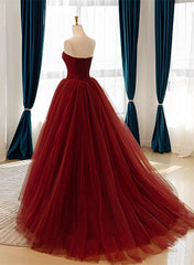 Wine Red Tulle Scoop Long Formal Dresses, Wine Red Tulle Prom Dresses Party Dresses