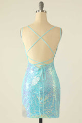 Light Blue Sequin Lace-Up Mini Homecoming Dresses