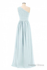 Dusty Blue Chiffon One-Shoulder Banded Waist Bridesmaid Dress