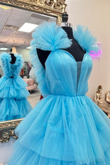 Blue Tulle Ruffles Multi-Layers Plunging V Neck Long Prom Dresses