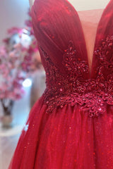 Red Plunging V Neck Double Straps Beaded Appliques Pleated Long Prom Dresses