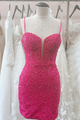 Hot Pink V Neck Straps Sequins Sheath Homecoming Dresses