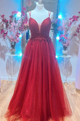 Red Plunging V Neck Double Straps Beaded Appliques Pleated Long Prom Dresses