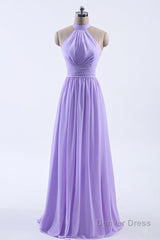 High Neck Lavender Chiffon Empire A-line Long Bridesmaid Dress