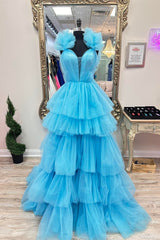 Blue Tulle Ruffles Multi-Layers Plunging V Neck Long Prom Dresses