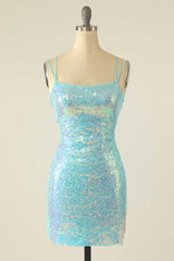 Light Blue Sequin Lace-Up Mini Homecoming Dresses