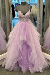 Lilac Tulle Lace V-Neck Tiered Layers A-Line Prom Dresses