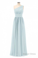 Dusty Blue Chiffon One-Shoulder Banded Waist Bridesmaid Dress