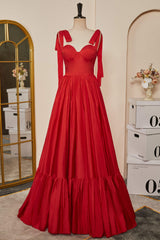 Red Bow Tie Straps A-line Satin Long Prom Dresses