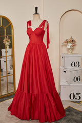 Red Bow Tie Straps A-line Satin Long Prom Dresses