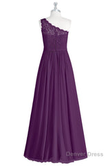 One-Shoulder Purple Lace A-Line Long Bridesmaid Dress with Slit