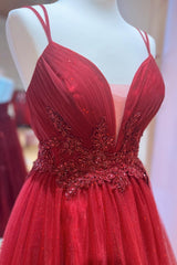 Red Plunging V Neck Double Straps Beaded Appliques Pleated Long Prom Dresses