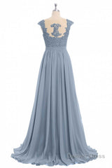 Dusty Blue Lace Cap Sleeve A-Line Floor-Length Bridesmaid Dress