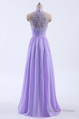 High Neck Lavender Chiffon Empire A-line Long Bridesmaid Dress