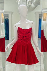 Red Strapless Mirror-Cut Sequins Top A-line Homecoming Dresses