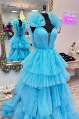 Blue Tulle Ruffles Multi-Layers Plunging V Neck Long Prom Dresses