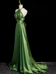 Green Soft Satin Halter Long Evening Dresses Party Dresses, Green A-line Prom Dresses