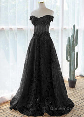 A-Line Off Shoulder Black Tulle With Lace Party Dress, Black Long Prom Dress