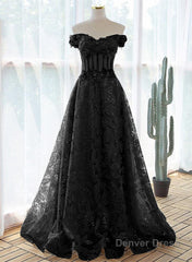 A-Line Off Shoulder Black Tulle With Lace Party Dress, Black Long Prom Dress