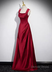 A-Line Sleeveless Wine Red Satin Evening Dress, Wine Red Long Prom Dress