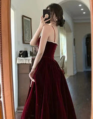 A-line Straps Wine Red Velvet Long Formal Dresses, Wine Red Prom Dresses