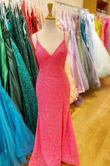 Hot Pink Mermaid V Neck Sequins Crossed Back Long Prom Dresses with Slit