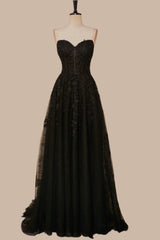 Black Strapless A-line Appliques Tulle Long Prom Dresses