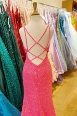 Hot Pink Mermaid V Neck Sequins Crossed Back Long Prom Dresses with Slit