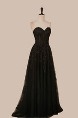 Black Strapless A-line Appliques Tulle Long Prom Dresses