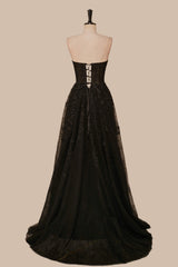 Black Strapless A-line Appliques Tulle Long Prom Dresses