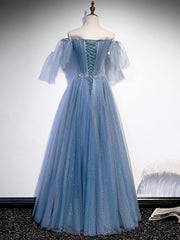 Blue Sweetheart Tulle Sequin Long Prom Dresses, Blue Formal Dresses, 1