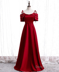 Burgundy Satin Beads Long Prom Dress, Burgundy Evening Dress