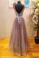 Mauve Tulle Lace Plunge V A-Line Prom Dresses with Slit