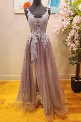 Mauve Tulle Lace Plunge V A-Line Prom Dresses with Slit