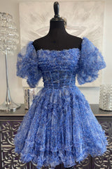 Blue Puff Sleeves Ruffles A-line Prints Homecoming Dresses