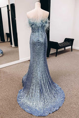 Sequins Feather Strapless Mermaid Long Prom Dresses