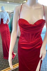 Wine Red Cowl Neck Lace-Up Back Long Prom Dresses with Slit