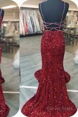 Mermaid Red Sequin V-Neck Lace-Up Back Prom Dress