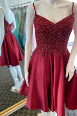 A-Line Wine Red Beaded V-Neck Homecoming Dresses