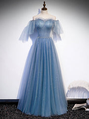 Blue Sweetheart Tulle Sequin Long Prom Dresses, Blue Formal Dresses, 1