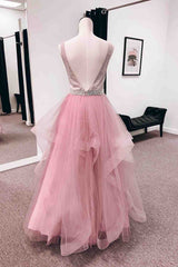 Pink A-line V Neck Tulle Layers Long Prom Dresses with Bleaded Sash