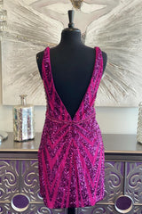 Fuchsia Plunging V Neck Sequins-Embroidery Sheath Homecoming Dresses