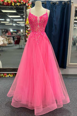 Hot Pink Tulle Appliques Lace-Up A-Line Long Prom Dresses