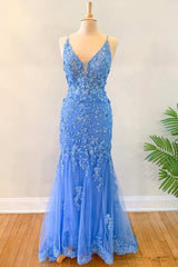 Blue Floral Appliques Backless Mermaid Long Prom Dresses