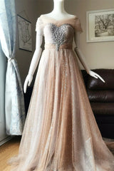 Blushing Pink A-line Illusion PortraitBeaded Appliques Lace-Up Long Prom Dresses