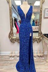 Royal Blue Deep V Neck Sequins Lace-Up Long Prom Dresses with Slit