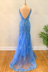 Blue Floral Appliques Backless Mermaid Long Prom Dresses